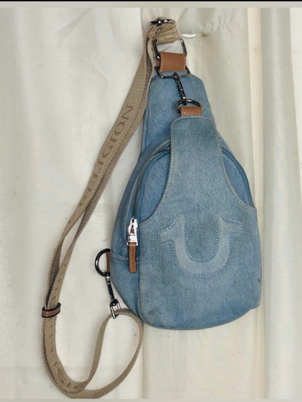 True Religion Stitched Horseshoe Travel Sling Denim Jean Bag Backpack